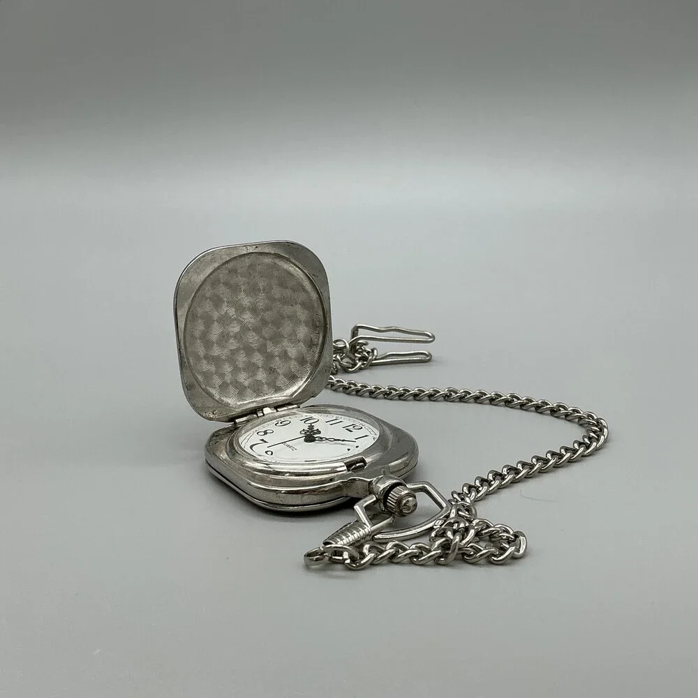 Mens Pocket Watch 45mm White Dial Silver Tone Chain Cushion Case New Battery